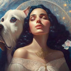 Serene woman and white dog in celestial setting