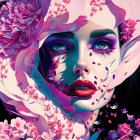Vibrant digital artwork: Woman's face with blue eyes and red lips obscured by pink flowers.