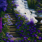 Tranquil waterfall, mossy steps, blue and purple flowers, classical fountain