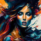 Colorful digital artwork: Woman with multicolored hair and detailed features in abstract setting