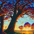 Colorful painting of two large trees under sunset sky