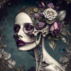 Digital Art: Half Woman, Half Skeleton with Floral Accents and Butterfly