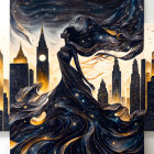 Illustration of woman with flowing hair in starry dress against cityscape