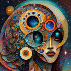 Woman's face merged with cosmic elements and circular patterns in vibrant artwork