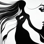 Monochrome profile illustration of woman with flowing hair