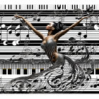 Graceful dancer in flowing dress merges with musical notes and piano keys