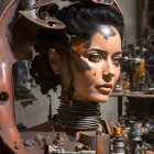 Photorealistic portrait of woman with mechanical features in workshop setting