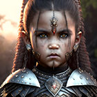 Young girl in spiked armor with striking eyes and intricate jewelry on blurred natural backdrop