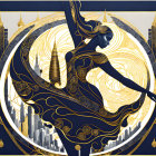 Art Deco-style illustration of stylized female figure in flowing robes with golden sun, skyscrapers