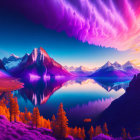 Surreal landscape with purple skies, blue waters, orange foliage