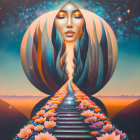 Surreal illustration of woman merging with cosmic backdrop