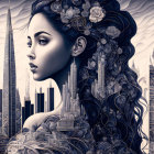 Profile of a Woman Merging with Urban Skyline Art