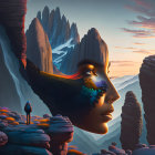 Vibrant sunset colors over surreal face-shaped mountain landscape