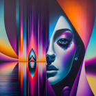 Vibrant abstract art of a woman's face with colorful makeup and peacock motif