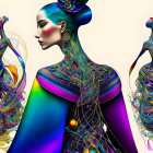 Colorful digital artwork: Three stylized female figures in vibrant costumes and flowing hair.