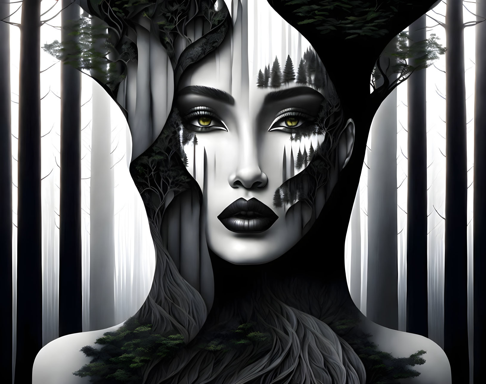 Surreal artwork: woman's face merging with misty forest