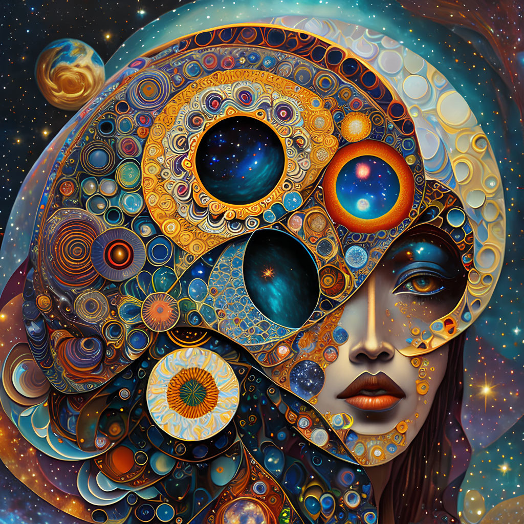 Woman's face merged with cosmic elements and circular patterns in vibrant artwork