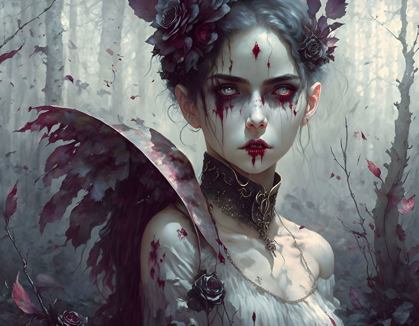 Fantasy illustration of pale woman with floral crown and tattered wing in misty rose forest