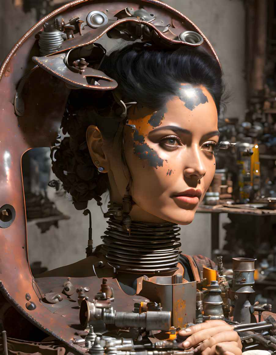 Photorealistic portrait of woman with mechanical features in workshop setting