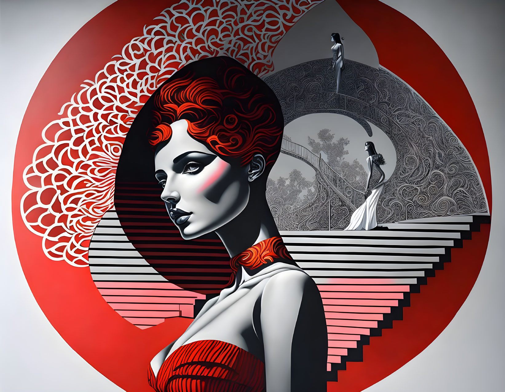 Stylized illustration of woman with red details and intricate hair patterns on circular backdrop.