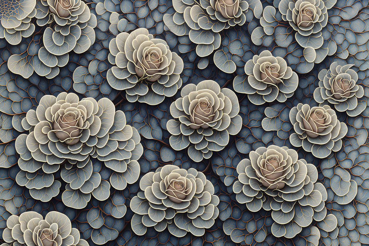 Detailed Blue and Brown Three-Dimensional Rose Floral Pattern