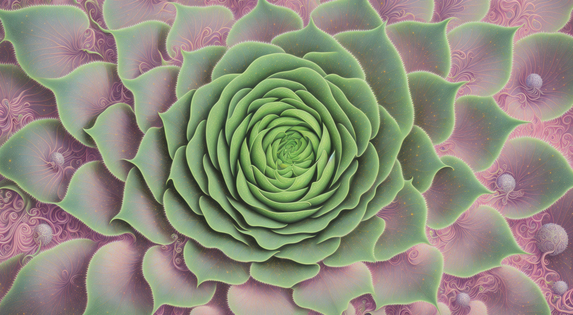 Spiraling succulent fractal image with green leaves on purple background