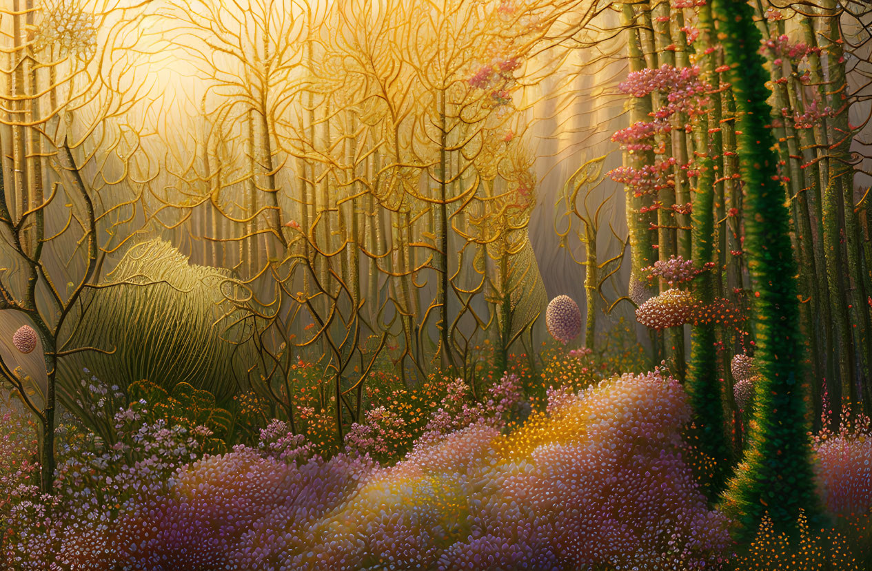 Colorful illustration: Fantastical forest with whimsical plants & flowers