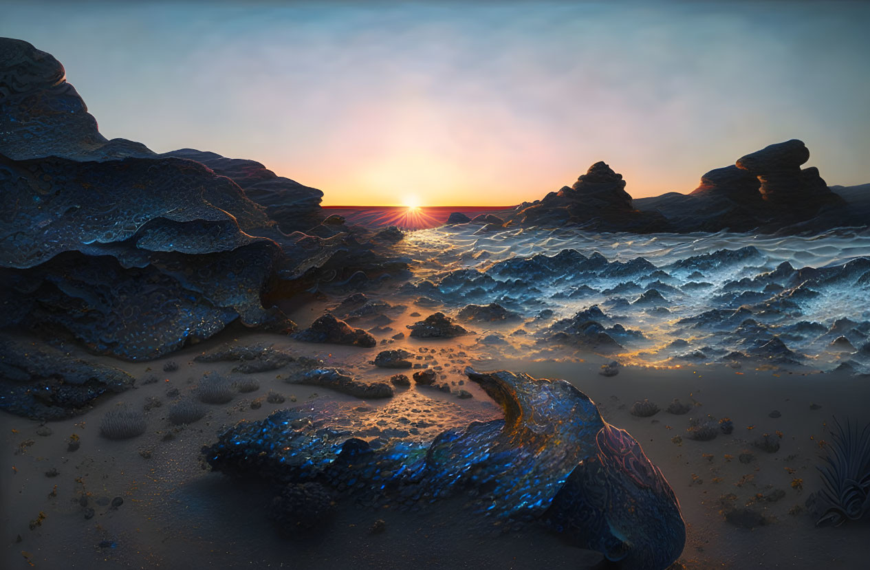 Tranquil sunset beachscape with bioluminescent waves and rocky formations