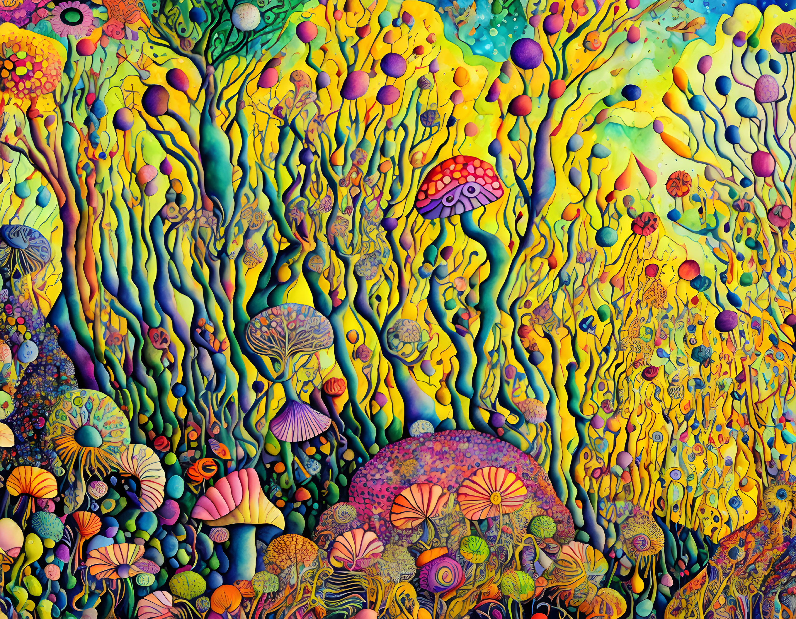 Colorful Psychedelic Underwater Scene with Jellyfish and Coral