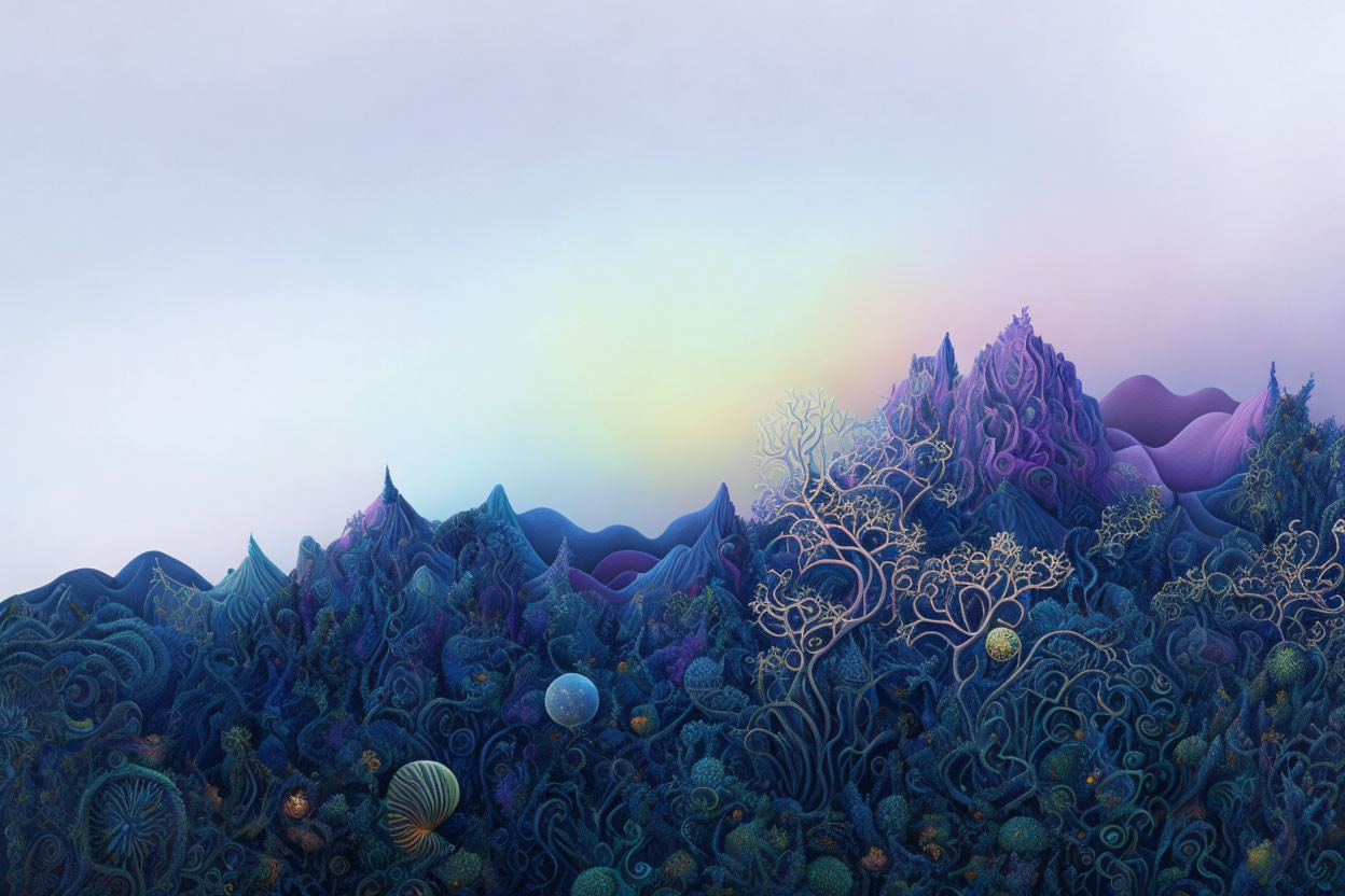 Surreal landscape with blue and purple mountains and coral-like vegetation