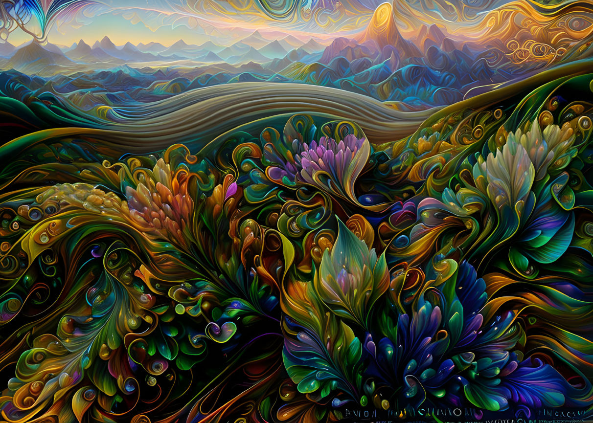 Colorful surreal landscape with flowing patterns and floral shapes