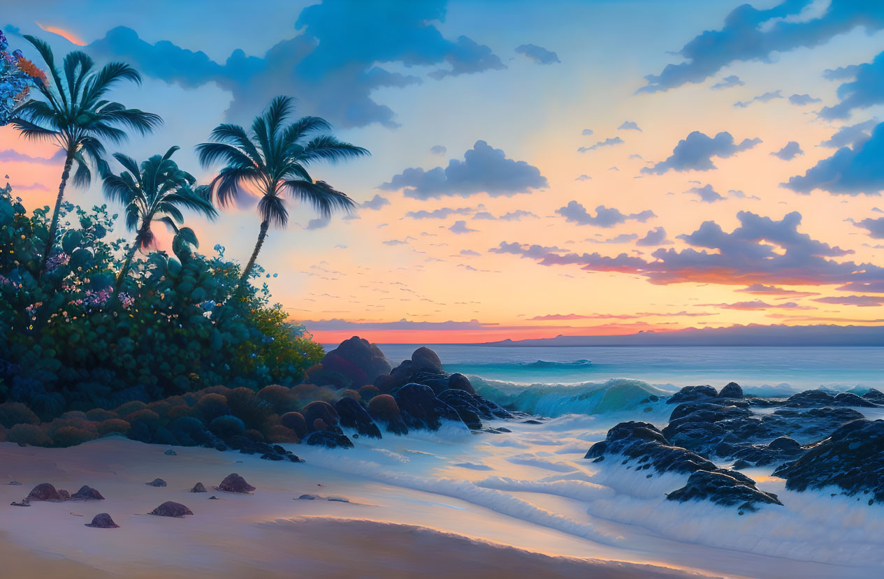 Scenic tropical beach sunset with palm trees, colorful sky, rock formations, and ocean waves