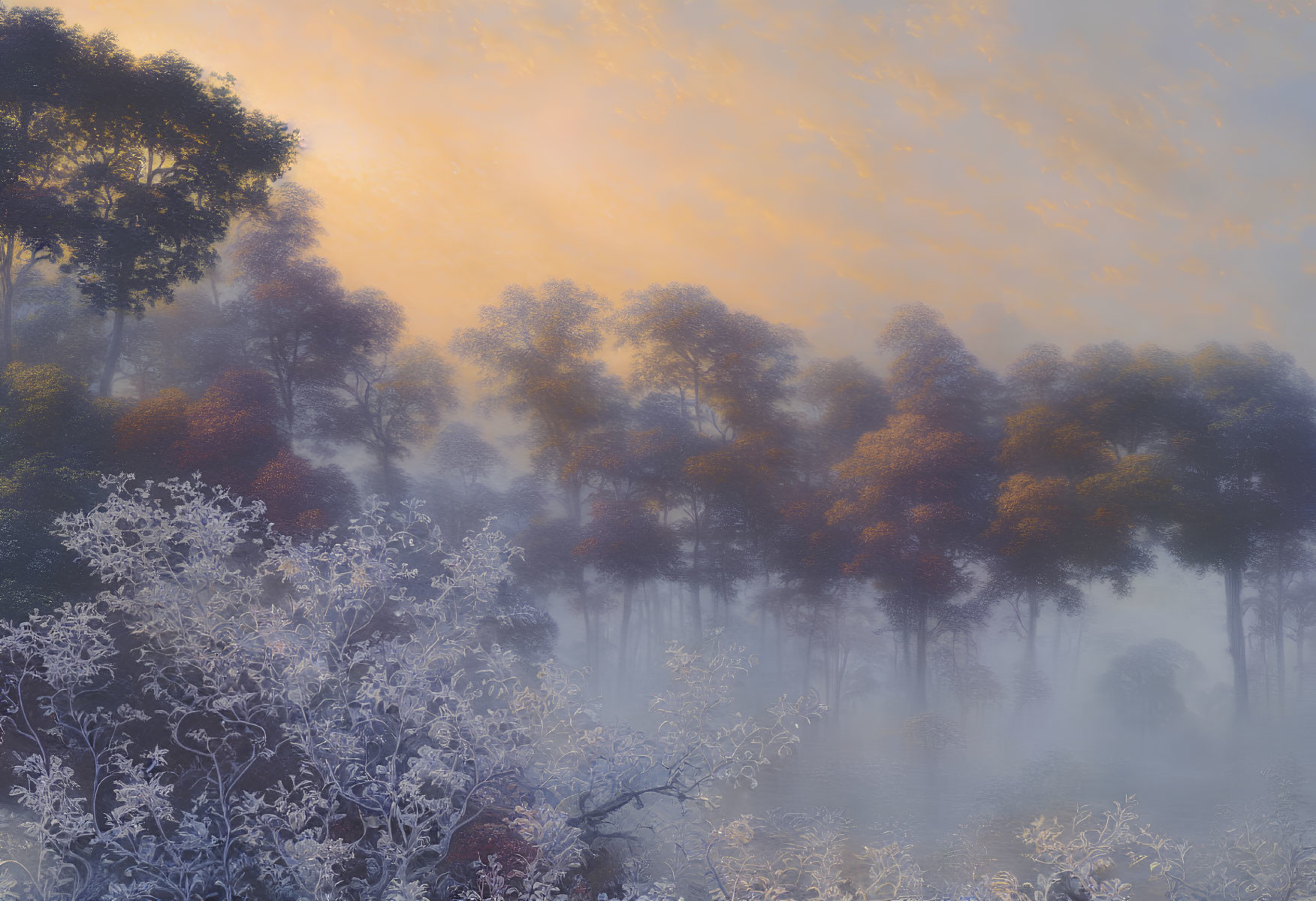 Ethereal autumn landscape: frosted trees, misty forest, warm sunrise