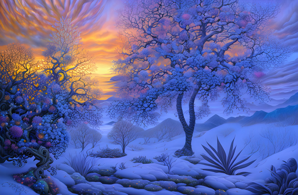 Vibrant sunset over snow-covered hills with blossoming tree