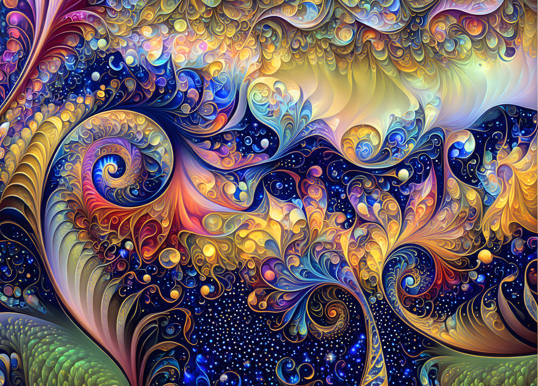 Abstract digital artwork: Swirling patterns in blues, oranges, and purples