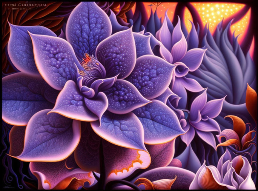 Vibrant purple and blue stylized flowers against fiery orange sky