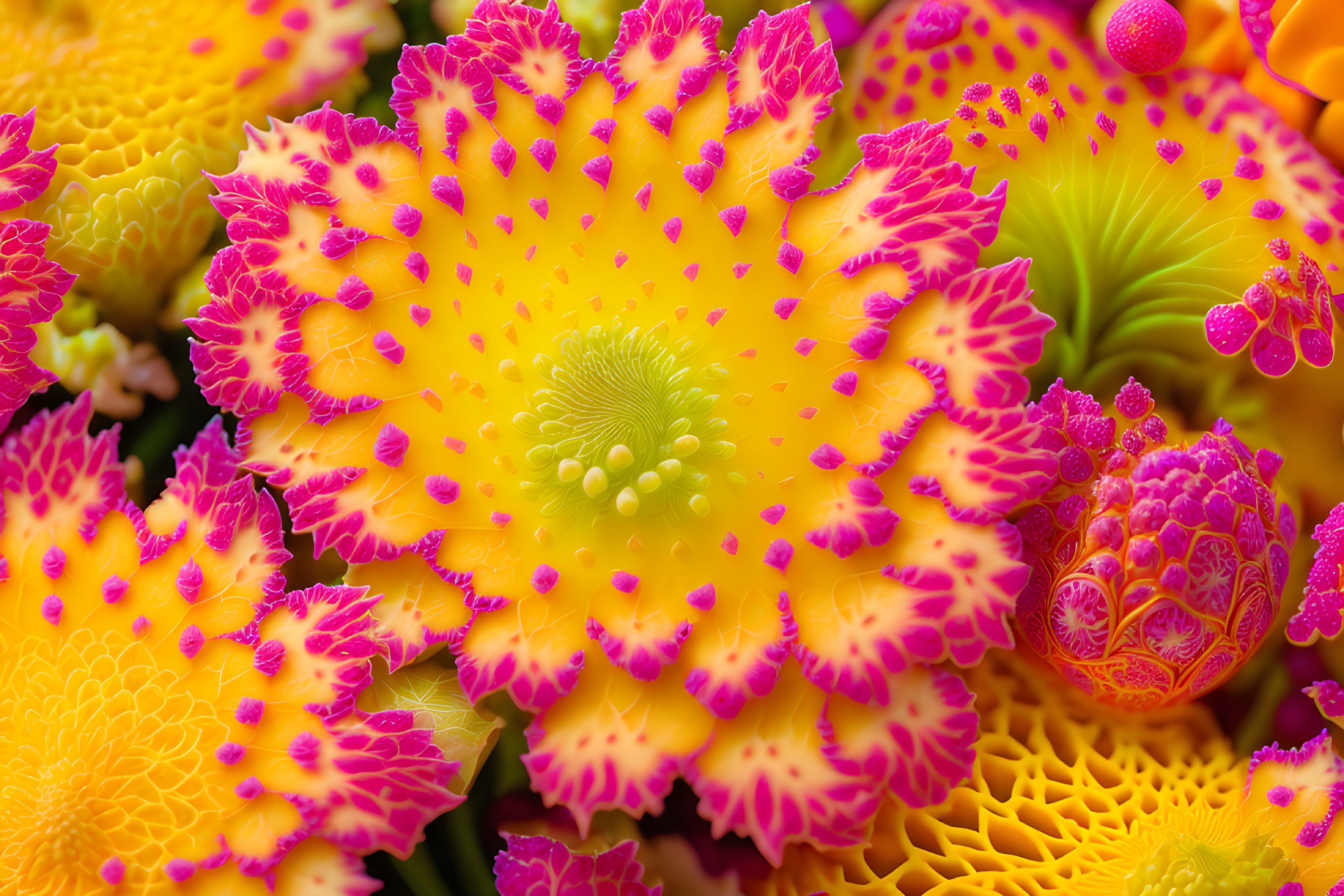 Colorful close-up fractal patterns: yellow and pink flowers with intricate details.