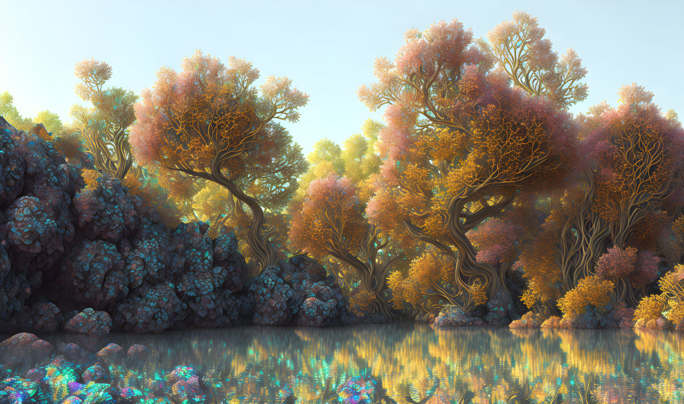 Vibrant colorful trees and foliage in lush fantasy landscape