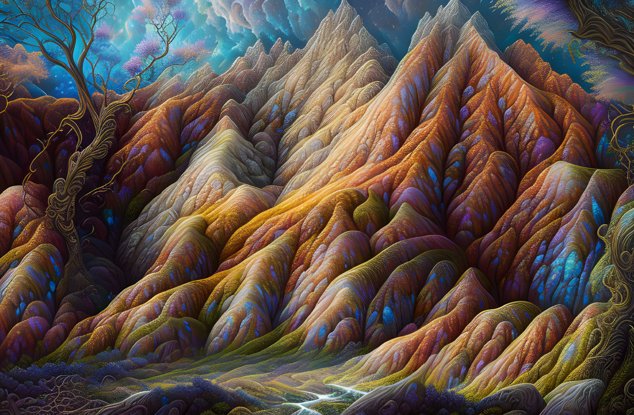 Colorful undulating hills under dreamy sky with fluffy clouds