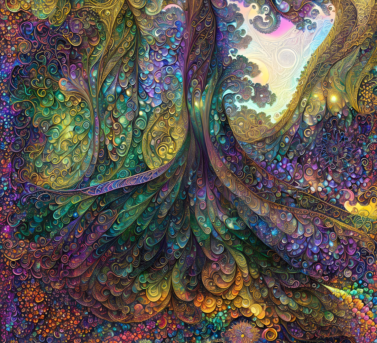 Colorful fractal art: Abstract tree form in swirling patterns