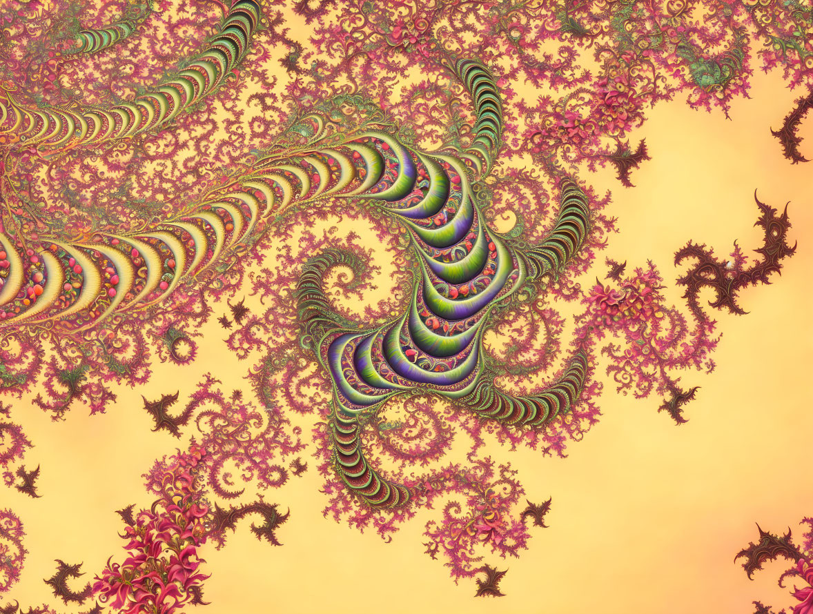 Colorful fractal image: Spiral pattern with leaf-like designs in pink, orange, and green on