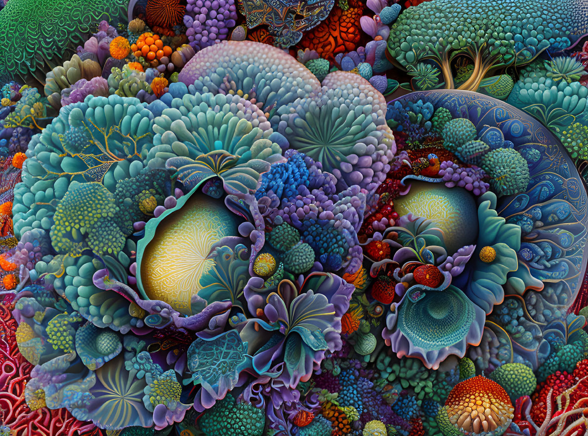 Detailed Coral-Like Structures Illustration with Rich Color Palette