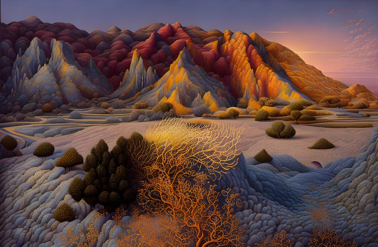 Colorful Rock Formations and Rolling Hills in Sunset Landscape