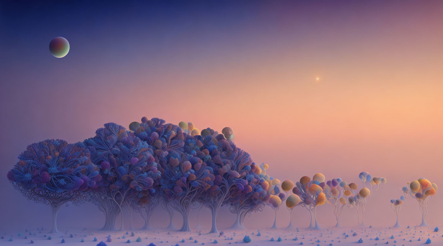 Colorful Coral-Like Trees in Surreal Landscape with Crescent Moon and Star