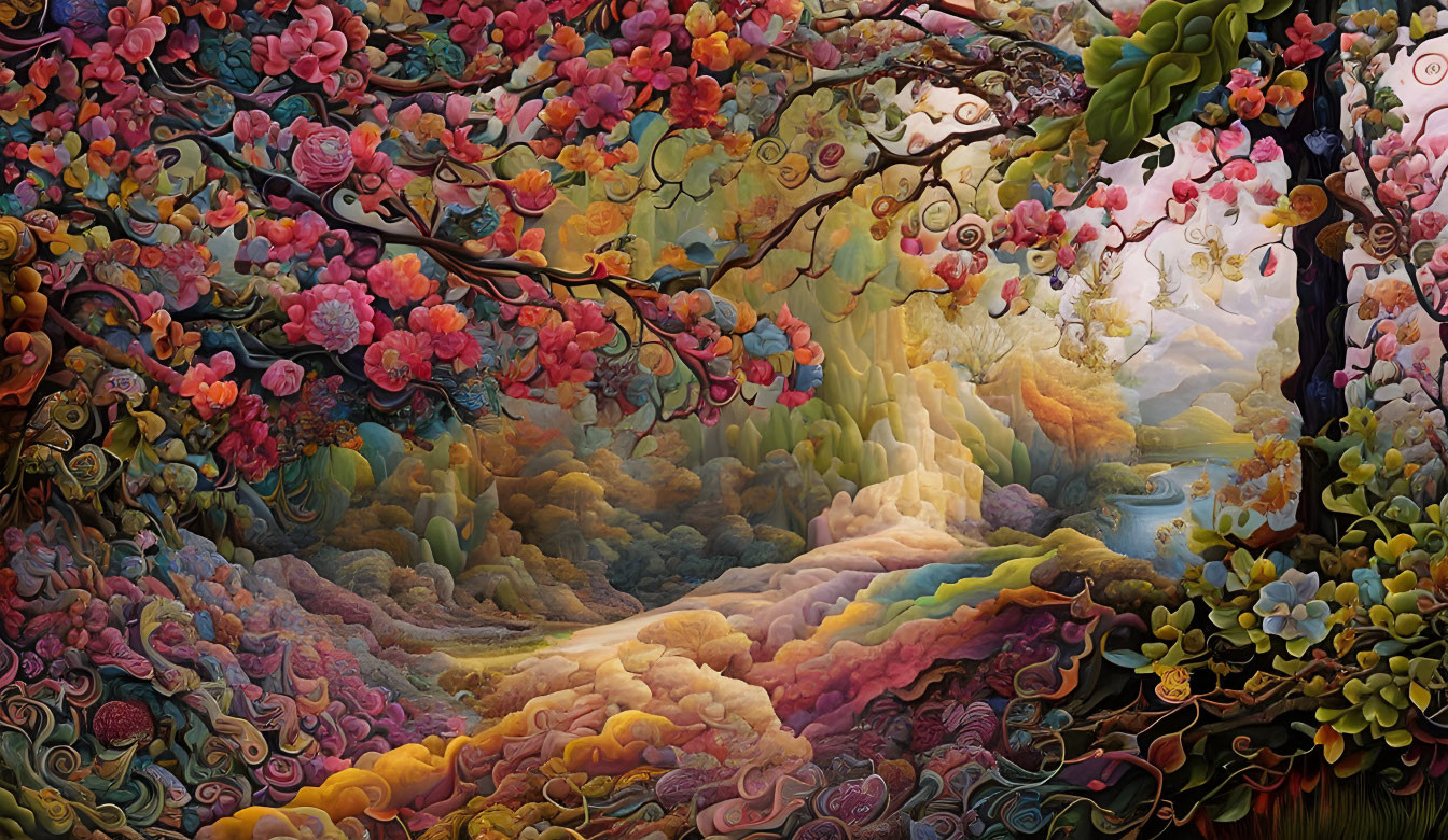 Colorful Whimsical Landscape Painting with Surreal Terrain