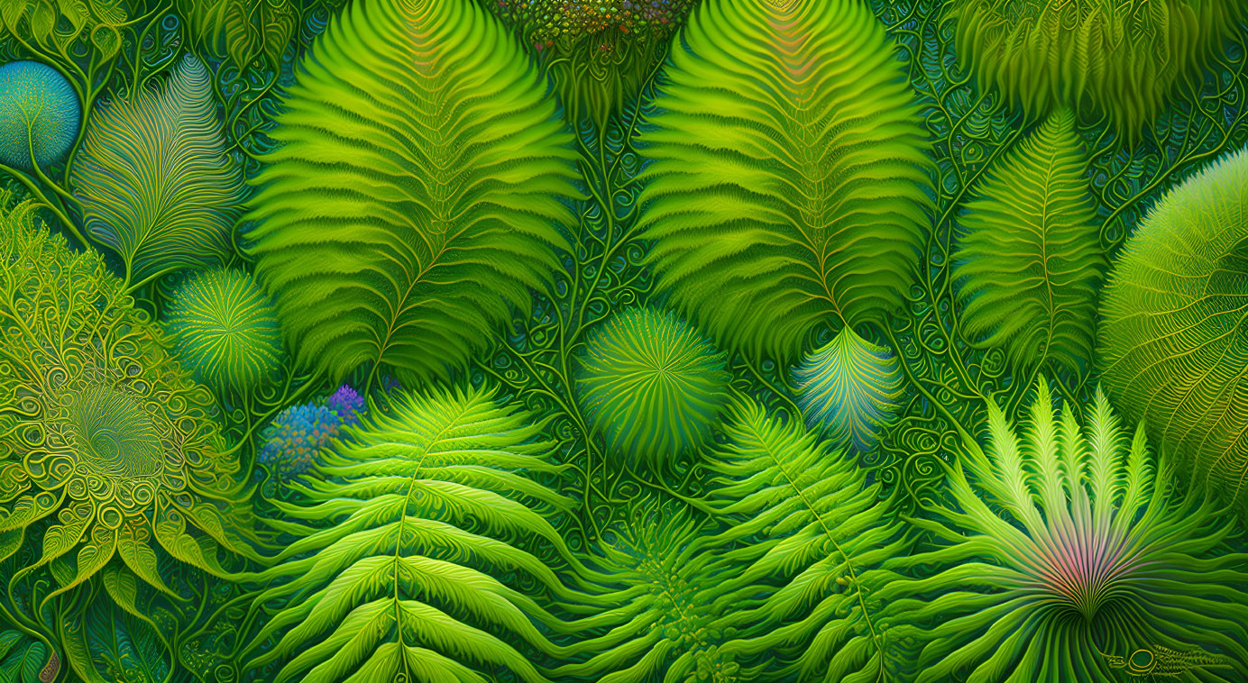 Colorful digital artwork with intricate green leaf patterns and organic fractals