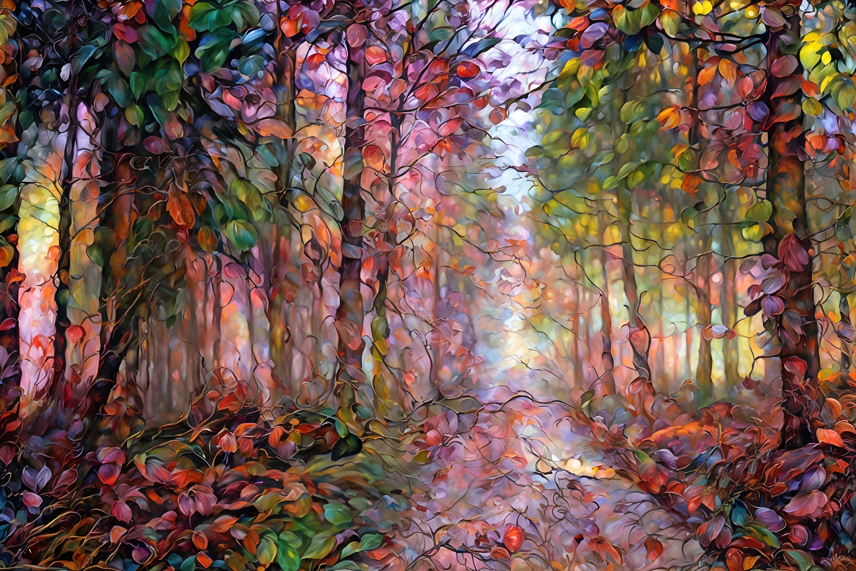 Colorful impressionistic forest painting with autumn leaves on trees and ground