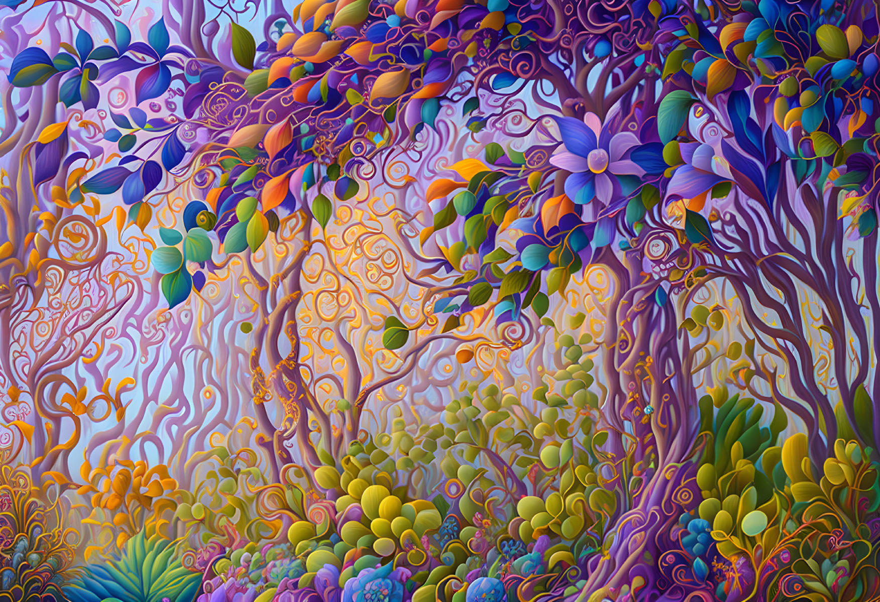 Colorful Fantastical Forest Illustration with Whimsical Trees