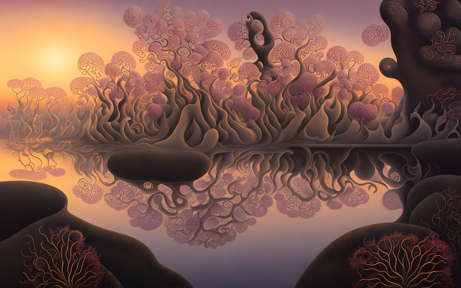 Surreal landscape with tree-like structures and reflective water surface