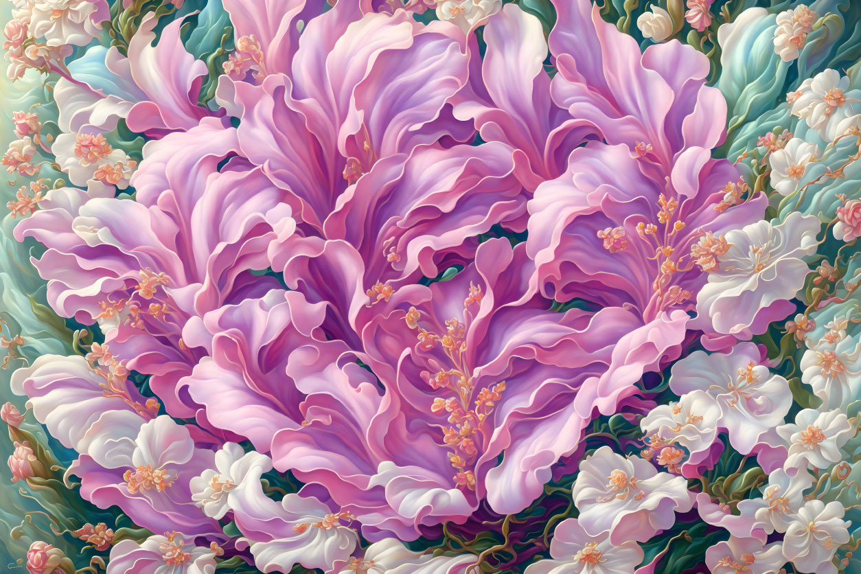 Detailed Painting: Large Purple Peony Surrounded by White Flowers on Teal Background